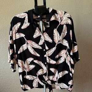 Black Floral Tie-Front Button Down Shirt with Pink Leaf Print